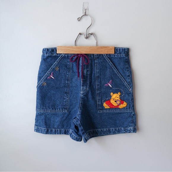 Vintage Disney Winnie the Pooh Embroidered Denim High Waisted Shorts 12/14 - Picture 1 of 9